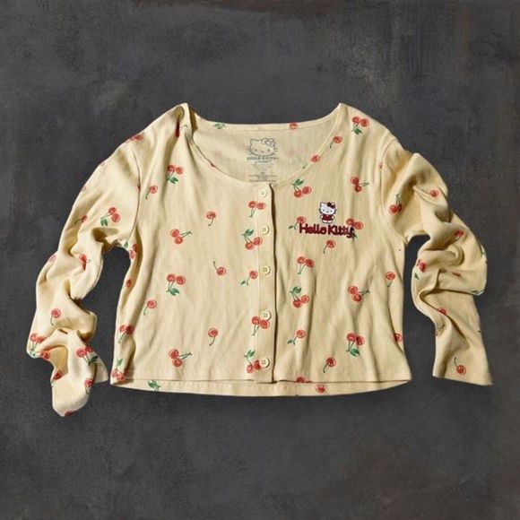 Hello Kitty Long Sleeve Top Yellow‎ Red Cropped Cherry Kawaii Button Up Medium - Picture 1 of 5